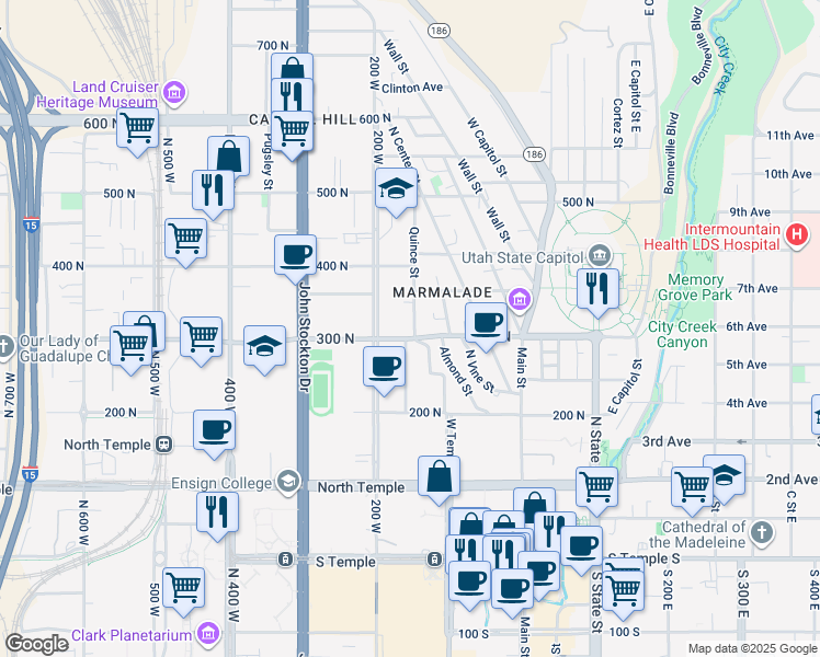 map of restaurants, bars, coffee shops, grocery stores, and more near 144 West 300 North in Salt Lake City