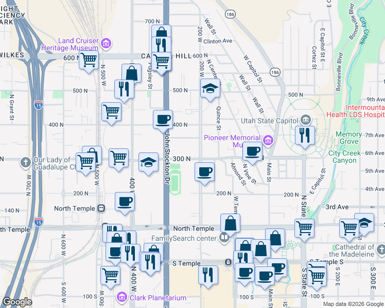 map of restaurants, bars, coffee shops, grocery stores, and more near 218 300 North in Salt Lake City