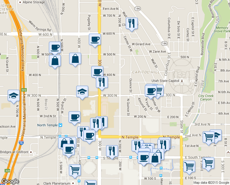 map of restaurants, bars, coffee shops, grocery stores, and more near 202 West 300 North in Salt Lake City