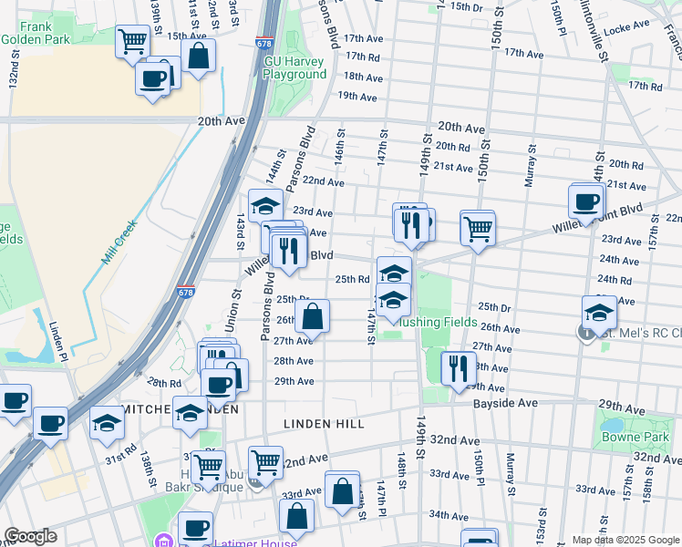 map of restaurants, bars, coffee shops, grocery stores, and more near 146-15 25th Road in Queens