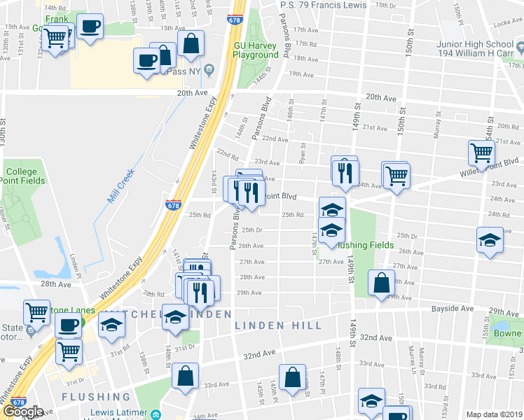 map of restaurants, bars, coffee shops, grocery stores, and more near 144-47 25th Road in Queens