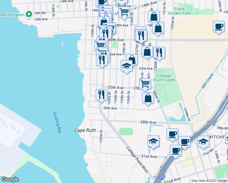 map of restaurants, bars, coffee shops, grocery stores, and more near 25-21 123rd Street in Queens