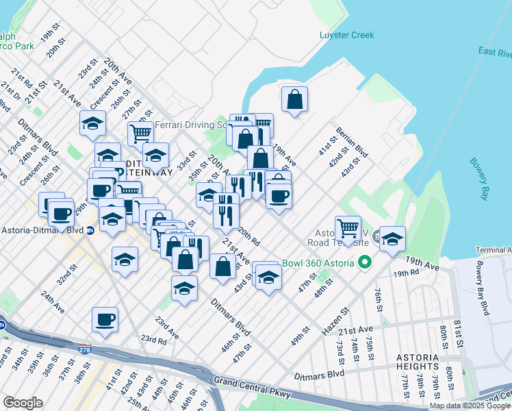 map of restaurants, bars, coffee shops, grocery stores, and more near 20-15 Steinway Street in Queens