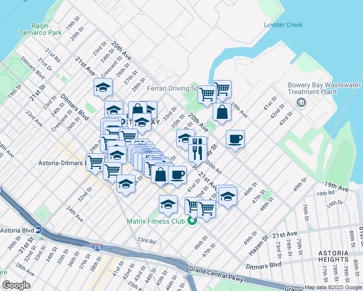 map of restaurants, bars, coffee shops, grocery stores, and more near 20-70 37th Street in Queens