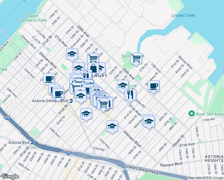 map of restaurants, bars, coffee shops, grocery stores, and more near 21-12 36th Street in Queens