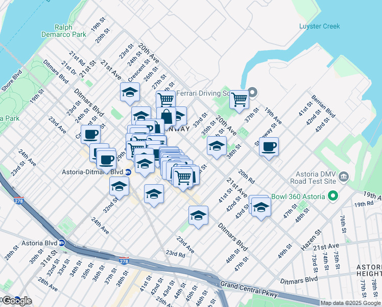 map of restaurants, bars, coffee shops, grocery stores, and more near 21-12 36th Street in Queens