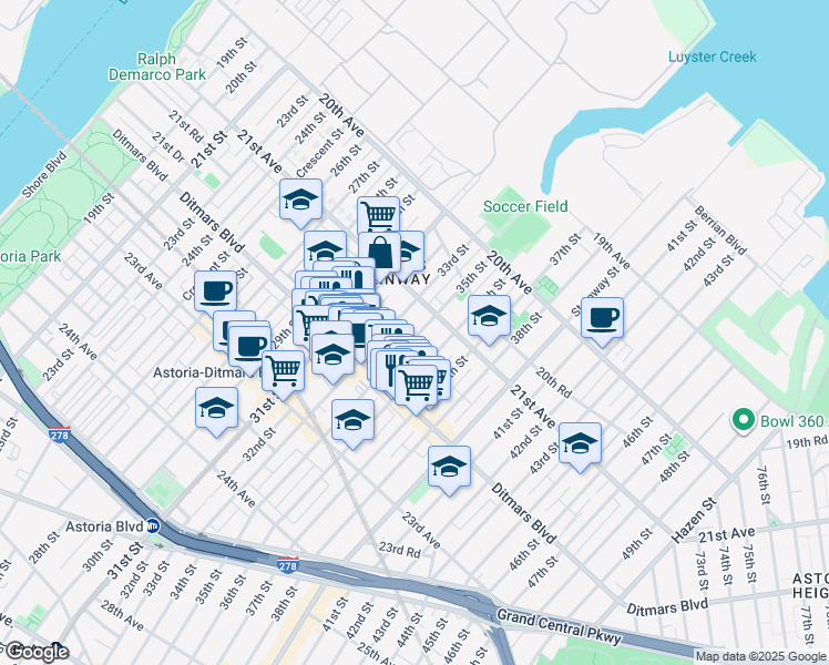 map of restaurants, bars, coffee shops, grocery stores, and more near 21-38 35th Street in Queens