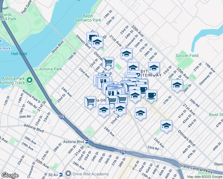 map of restaurants, bars, coffee shops, grocery stores, and more near 22-64 28th Street in Queens