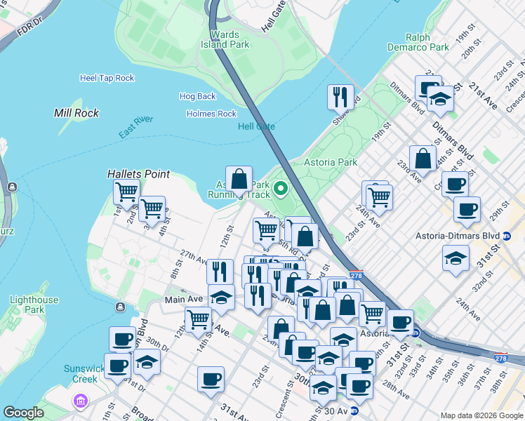 map of restaurants, bars, coffee shops, grocery stores, and more near 25-15 14th Street in Queens