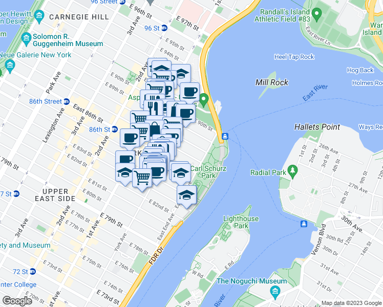 map of restaurants, bars, coffee shops, grocery stores, and more near 528 East 87th Street in New York