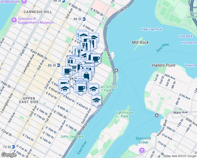 map of restaurants, bars, coffee shops, grocery stores, and more near 528 East 87th Street in New York