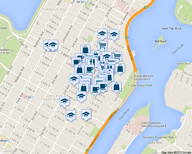 map of restaurants, bars, coffee shops, grocery stores, and more near in New York