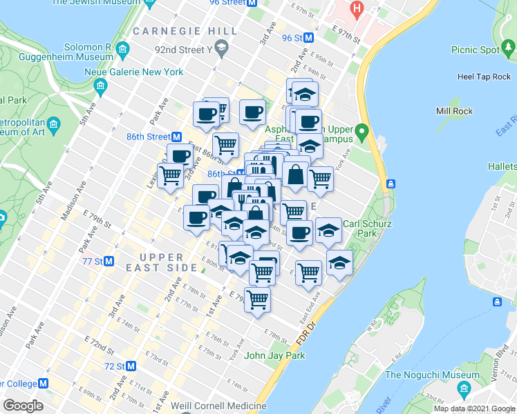 map of restaurants, bars, coffee shops, grocery stores, and more near 1634 1st Avenue in New York