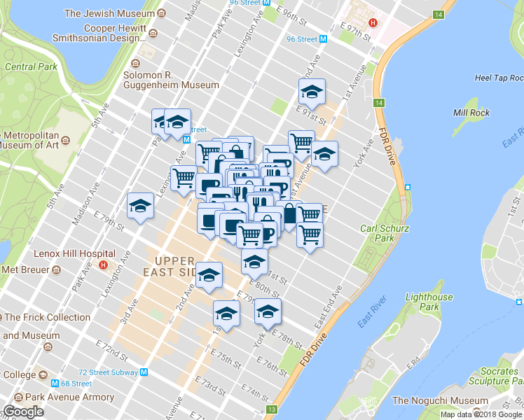 map of restaurants, bars, coffee shops, grocery stores, and more near in New York