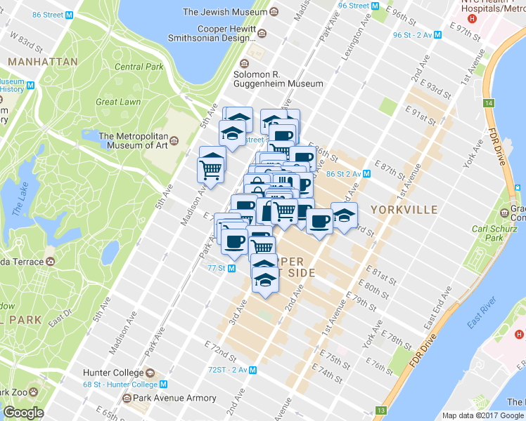 map of restaurants, bars, coffee shops, grocery stores, and more near in New York