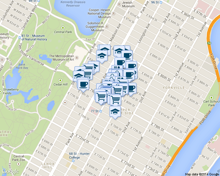 map of restaurants, bars, coffee shops, grocery stores, and more near in New York
