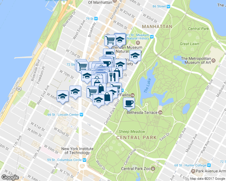 map of restaurants, bars, coffee shops, grocery stores, and more near 115 Central Park West in New York
