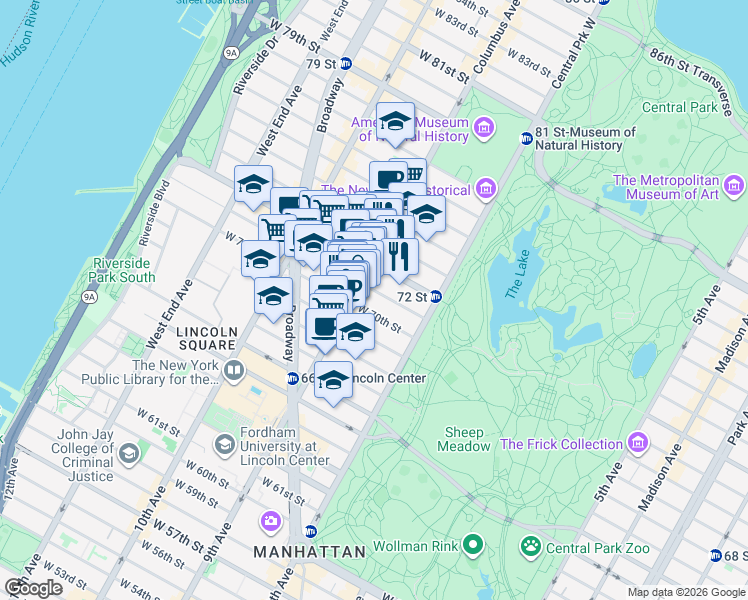 map of restaurants, bars, coffee shops, grocery stores, and more near 46 West 71st Street in New York