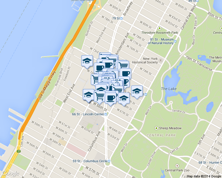 map of restaurants, bars, coffee shops, grocery stores, and more near 140 West 69th Street in New York