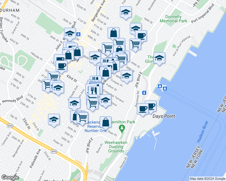 map of restaurants, bars, coffee shops, grocery stores, and more near 70-72 Columbia Terrace in Weehawken