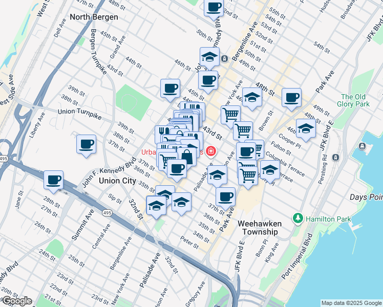 map of restaurants, bars, coffee shops, grocery stores, and more near 402 40th Street in Union City