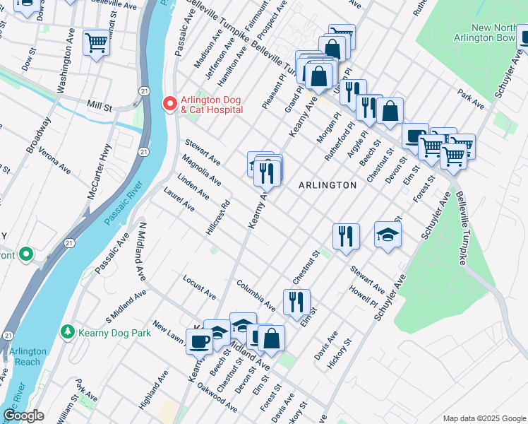 map of restaurants, bars, coffee shops, grocery stores, and more near 716 Kearny Avenue in Kearny