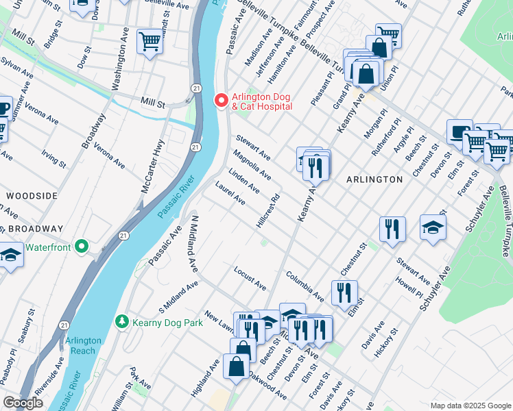 map of restaurants, bars, coffee shops, grocery stores, and more near 77 Laurel Avenue in Kearny