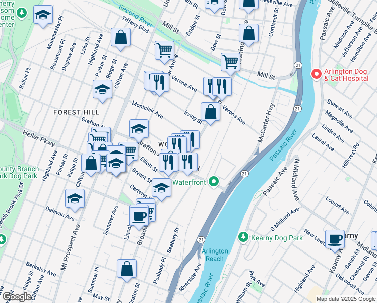 map of restaurants, bars, coffee shops, grocery stores, and more near 762-764 Broadway in Newark