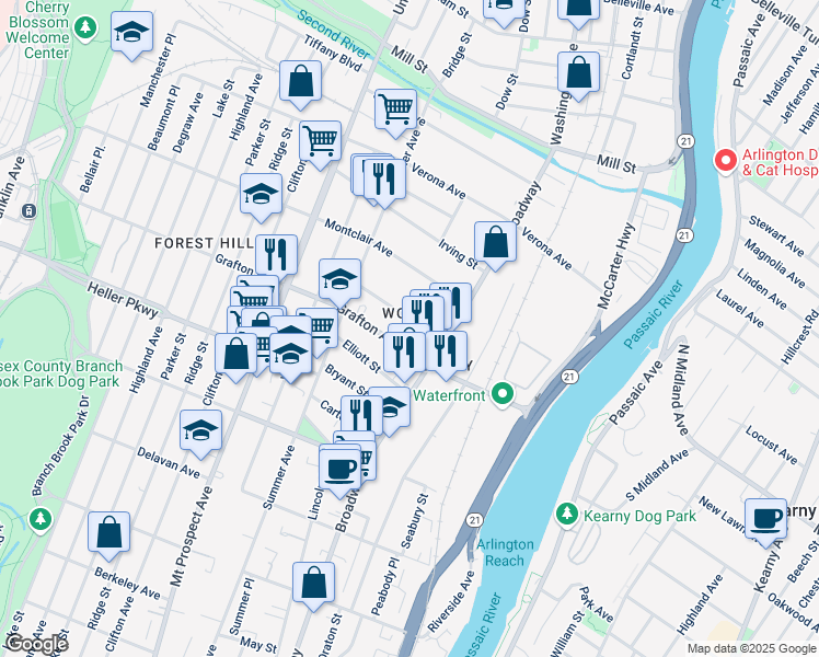 map of restaurants, bars, coffee shops, grocery stores, and more near 22 Halleck Street in Newark