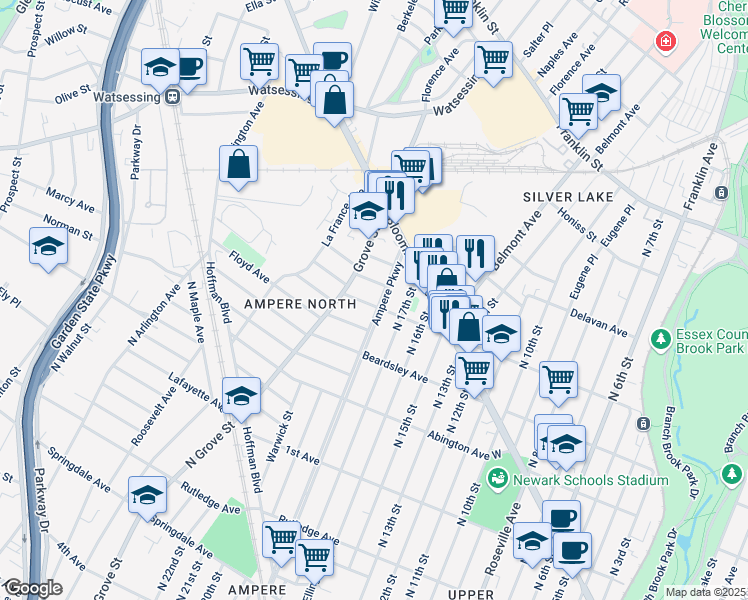 map of restaurants, bars, coffee shops, grocery stores, and more near 285 Ampere Parkway in Bloomfield