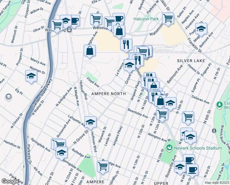 map of restaurants, bars, coffee shops, grocery stores, and more near 93 Grove Street in Bloomfield