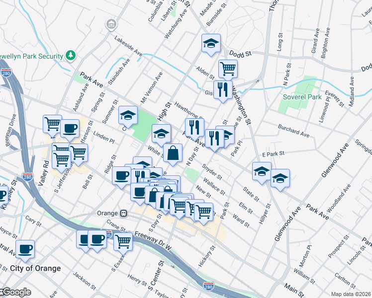 map of restaurants, bars, coffee shops, grocery stores, and more near 148 North Essex Avenue in City of Orange