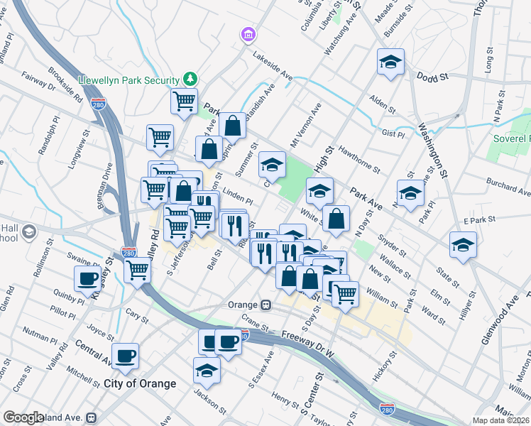 map of restaurants, bars, coffee shops, grocery stores, and more near 66 Ridge Street in City of Orange
