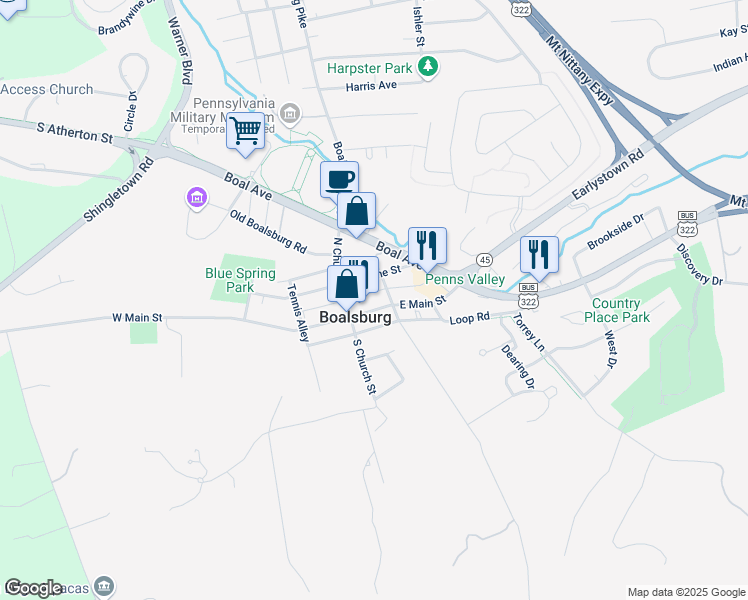 map of restaurants, bars, coffee shops, grocery stores, and more near 135-199 East Main Street in Boalsburg