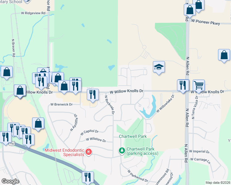 map of restaurants, bars, coffee shops, grocery stores, and more near 3116 West Willow Knolls Drive in Peoria