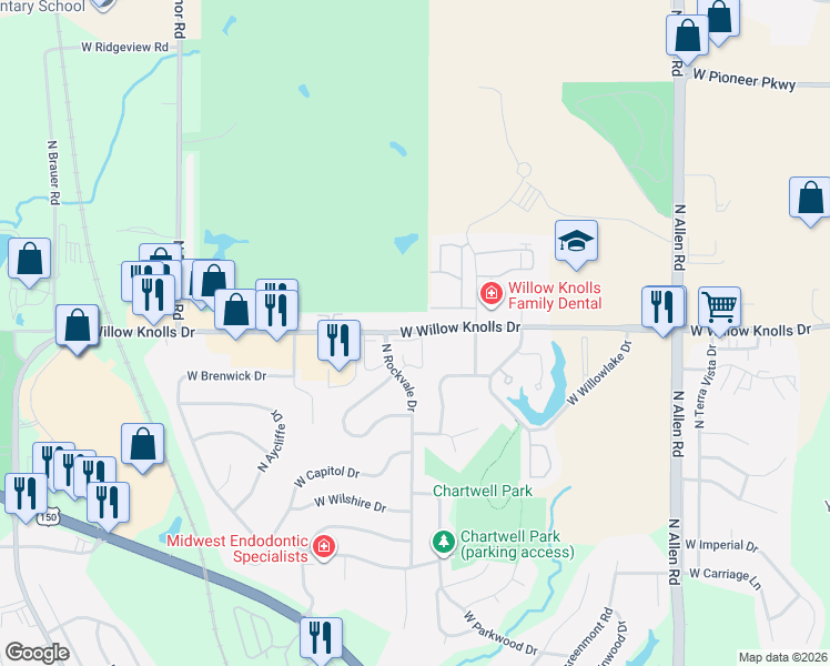 map of restaurants, bars, coffee shops, grocery stores, and more near 3116 West Willow Knolls Drive in Peoria