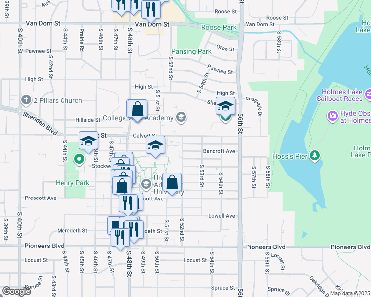 map of restaurants, bars, coffee shops, grocery stores, and more near 5203 Bancroft Avenue in Lincoln