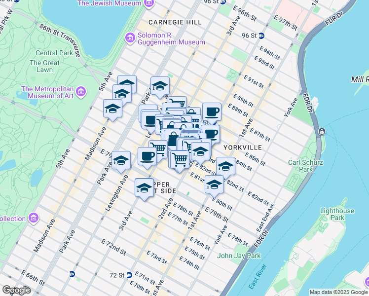 map of restaurants, bars, coffee shops, grocery stores, and more near 230 East 83rd Street in New York