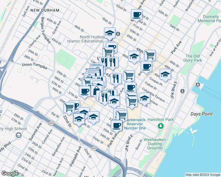 map of restaurants, bars, coffee shops, grocery stores, and more near 308 41st Street in Union City