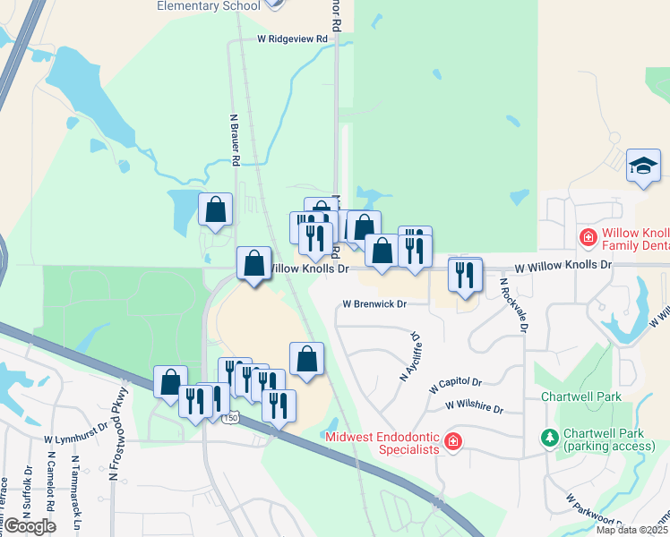 map of restaurants, bars, coffee shops, grocery stores, and more near W Willow Knolls Dr & N Radnor Rd in Peoria