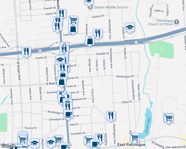 map of restaurants, bars, coffee shops, grocery stores, and more near 45 Vernon Street in Patchogue