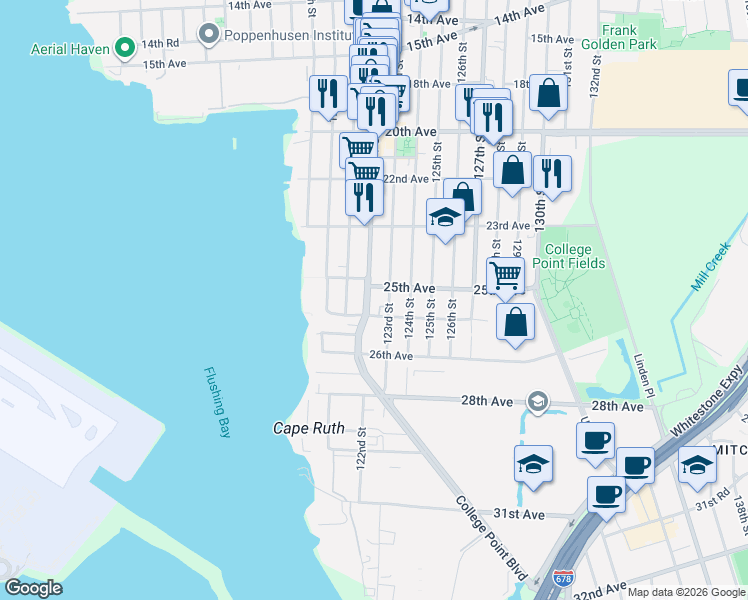 map of restaurants, bars, coffee shops, grocery stores, and more near 25-30 College Point Boulevard in Queens
