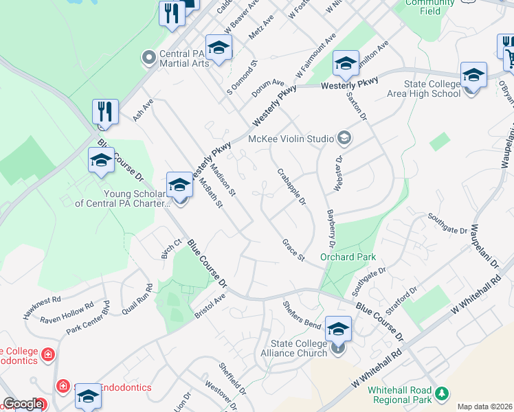 map of restaurants, bars, coffee shops, grocery stores, and more near 1000-1006 Grace Ct in State College