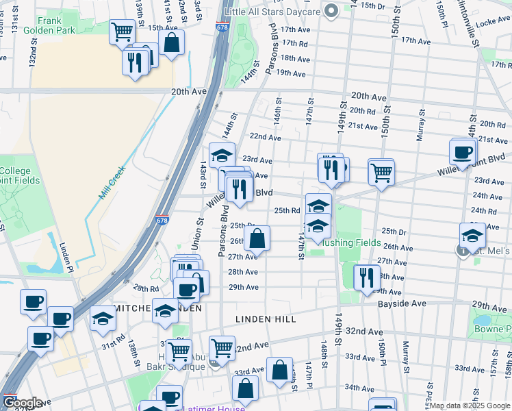 map of restaurants, bars, coffee shops, grocery stores, and more near 144-47 25th Road in Queens