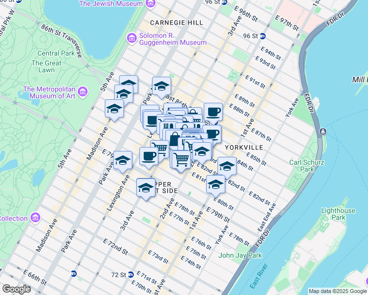 map of restaurants, bars, coffee shops, grocery stores, and more near 226 East 83rd Street in New York