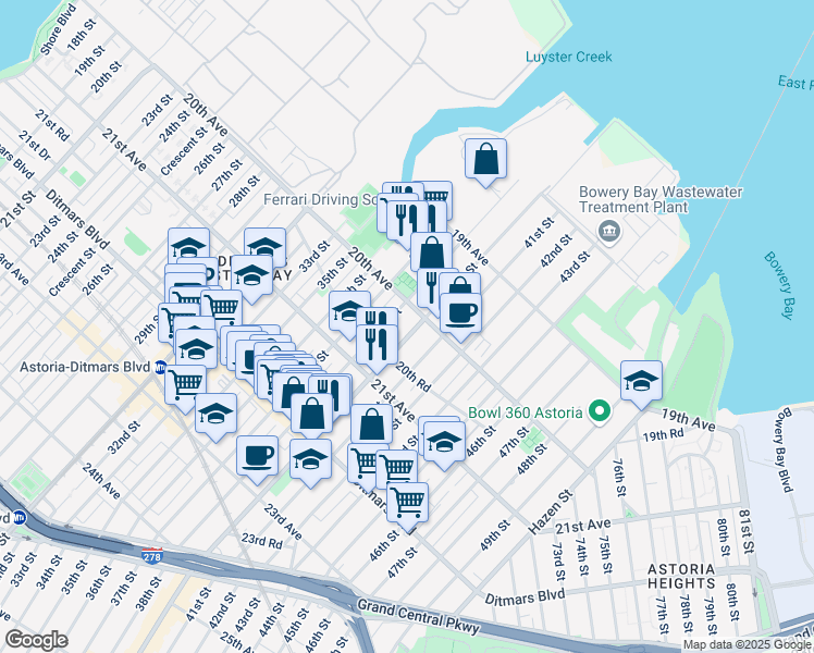 map of restaurants, bars, coffee shops, grocery stores, and more near 20-22 Steinway Street in Queens