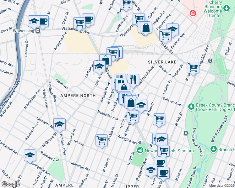 map of restaurants, bars, coffee shops, grocery stores, and more near 32 Bloomfield Avenue in Bloomfield