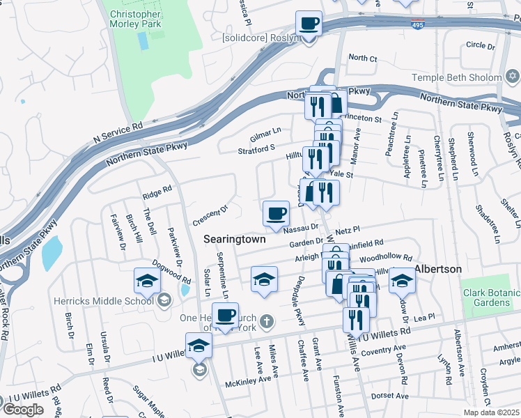 map of restaurants, bars, coffee shops, grocery stores, and more near 205 Hillturn Lane in Albertson