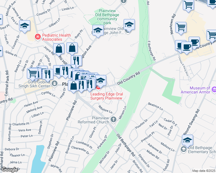 map of restaurants, bars, coffee shops, grocery stores, and more near 1221 Old Country Road in Plainview