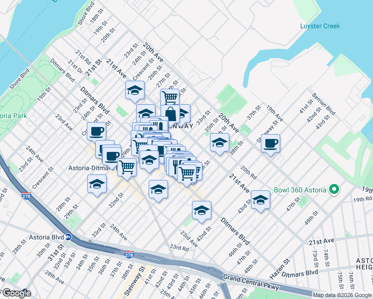 map of restaurants, bars, coffee shops, grocery stores, and more near 21-38 35th Street in Queens